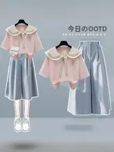 夏季学院風セットアップ 【ネイビー襟・半袖・七分パンツ・スカート】（セットアップ対応）