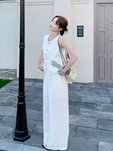 白色ファッショナブルな気質のベストとワイドパンツ【夏用・女性用・カジュアルコーデ】（セットアップ対応）