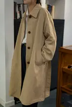 山屿牧玛 カーキ色 中長丈トレンチコート【春秋用・ルーズフィット・レディース】