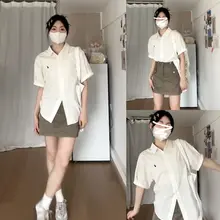 学院風 ポロ襟 白い短袖シャツ【ゆったりデザイン・女性用】