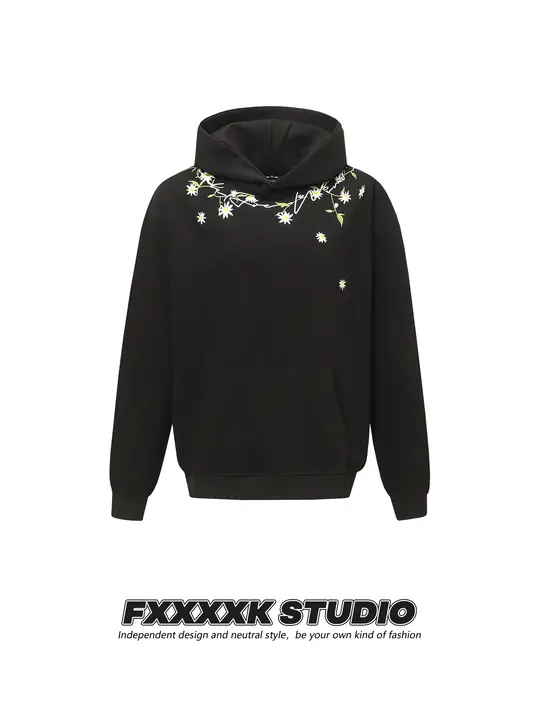 アメリカンビンテージ風 ダイジー刺繍入りフード付きカップルパーカ【フィット・ユニセックス】（セットアップ対応）