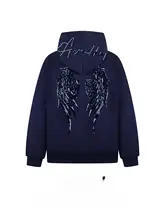 アメリカンレトロ風 ビジュー刺繍フード付きパーカー【男女兼用・後ろ羽根デザイン・ジッパー付き】（セットアップ対応）