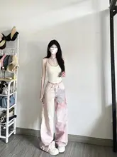 美式レトロ ピンクデニムパンツ【女性用・ハイウエスト・フィット・ストレートレッグ】