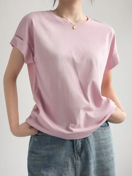 夏用 雪花棉素材の短袖Tシャツ【肩掛けデザイン・ゆったりシルエット】
