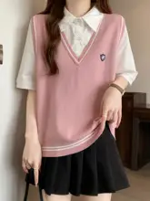 夏用ルーズフィット学院風デザインシャツベスト【短袖・上半身カバー・女性用】（セットアップ対応）