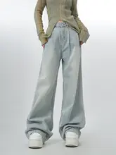 レディース ダメージ加工デニムパンツ【ブルー・ゆったりストレート・ローレイズ・カジュアル】