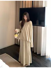天絲麻のカジュアルセットアップ【ラウンドネックニット＋ハイウエストスカート】（セットアップ対応）