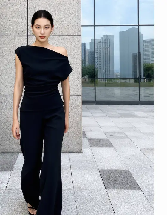 デザイン性の高い夏用オフショルダーブラックTシャツ【モダン・ショートスリーブ】