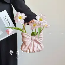 リボンデザインの陶器製フラワーベース【フランス風・持ち手付き・おしゃれなインテリア装飾用】