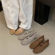 フランス風レトロデザインのメッシュ編みフラットシューズ【夏用・ロマン風・マリージェーン】