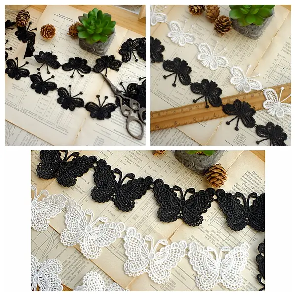 黒白色の蝶の水溶刺繍レース花びら【DIY用・手作り装飾用】