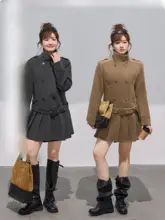 レトロスタイルの立ち襟コートドレス【大きいサイズ・韓国風】（セットアップ対応）