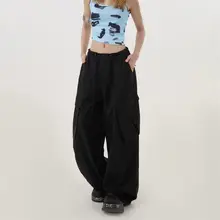 カーゴパンツ ワイドジョガー ユニセックス ドローコード 薄手 大型ポケット ブラック アメカジ ストリート ダンスウェア 「Remedie」