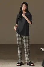 レディース 夏用コットンパジャマセット【ラウンドネック・短袖・チェック柄・ルーズフィット・パンツ付き】
