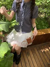 ブルー格子柄短袖ブラウス【パフスリーブ・レトロデザイン・女性用】