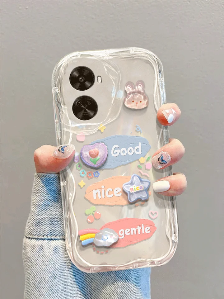 透明の立体デザイン！Huawei nova11se用スマホケース【波浪模様・かわいいウサギデザイン・全包囲・防衝撃タイプ】