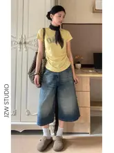 レトロブルーのハイウエストウォッシュドワイドレッグデニムパンツ【女性用・夏用・フィット・クロップド丈】