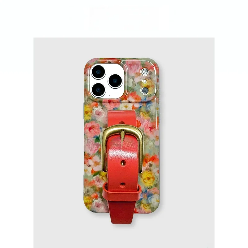 オレンジ系油絵フラワーモチーフの牛革スマホケース：法式風デザインで高級感を実現