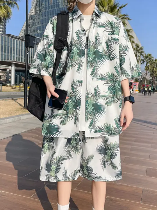 リゾートスタイル メンズ 半袖花柄シャツとショートパンツ【海辺の休日・速乾性・涼感】（セットアップ対応）