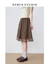 スカート レディース 大きいサイズ ぽっちゃり シフォン Aライン ゴムウエスト 着痩せ ブラウン ミディアム丈 夏