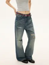 デニムパンツ ユニセックス ウォッシュ ダメージ加工 ヒゲ加工 ストレート アメリカン風 ストリート 着回し トレンド「Free Sonata」
