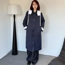バイカラーのロングフードコート【レトロシルエット・冬用・中丈】
