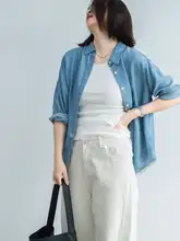 夏用シンプルデザイン深色UVカットテンセルデニムシャツ【ウォッシュ加工・ゆったりフィット・カジュアルアウター】