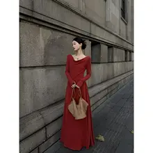 赤い羊毛のオフショルダーAラインドレス【ニット・フォーマル用・結婚式対応】