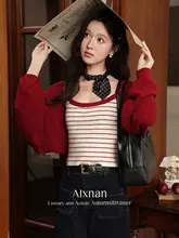 フレンチスタイルレッドウールニットカーディガン【女性用・ショート丈・長袖】