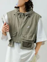 夏用アウトドア機能性ショートベスト【アメリカンヴィンテージ・工装デザイン・フード付き・ユニセックス】