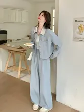 ブルーカラーの翻领カジュアルセットアップ【春秋用・高ストレートパンツ・韓国スタイル】（セットアップ対応）