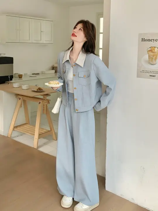 ブルーカラーの翻领カジュアルセットアップ【春秋用・高ストレートパンツ・韓国スタイル】（セットアップ対応）
