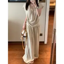 軽やかで感のある女性用ワイドレッグパンツコーディネート【夏用・デザインTシャツ・極上の柔らかさ】（セットアップ対応）