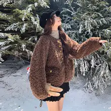 ブラウンのレトロラムウールコート【ショート丈・厚手・ラウンドネック・冬用】