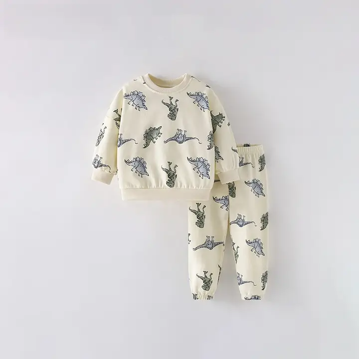 男の子用 トレーナーとパンツのカジュアルコーデ【恐竜デザイン・丸首・秋春用】（セットアップ対応）