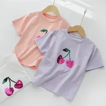 ラメ入り小さなチェリー柄 キッズコットンTシャツ【女の子用・ラウンドネック・短袖・薄手】