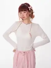 春夏用 薄手レトロリボン付きニット長袖トップス【フィット感・半透け】