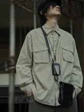 レトロチェック柄メンズシャツ【春季・ワークスタイル・ゆったりデザイン】（セットアップ対応）