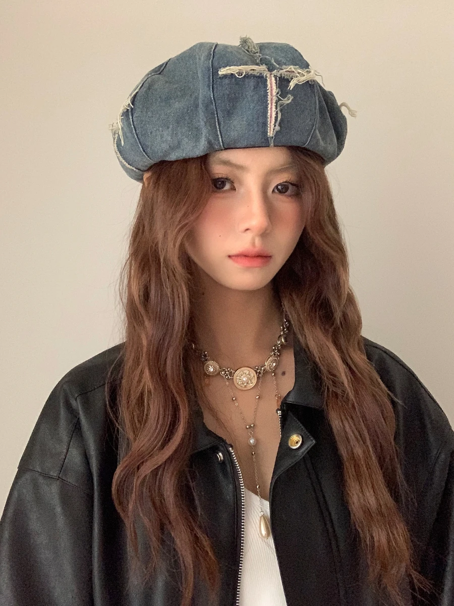 レトロウォッシュデニムベレー帽：フリンジデザインで小顔効果を実現する女性向けスタイル