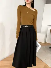 秋春用 ブラック中長丈ハイウエストスカート【Aライン・フレア・小柄対応】