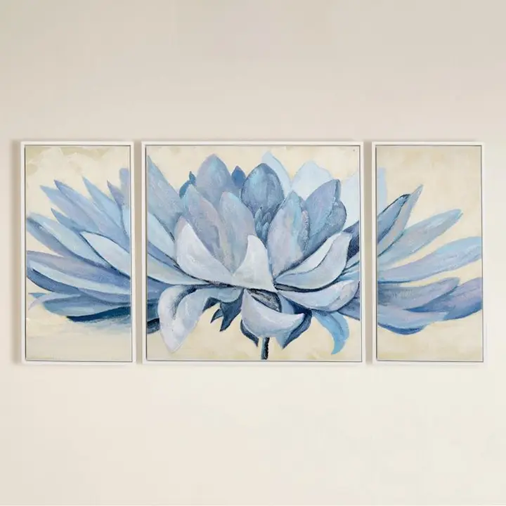 油絵 ソファ背景画 玄関組み合わせ 青い睡蓮 手描き三連花 Modern Minimalist