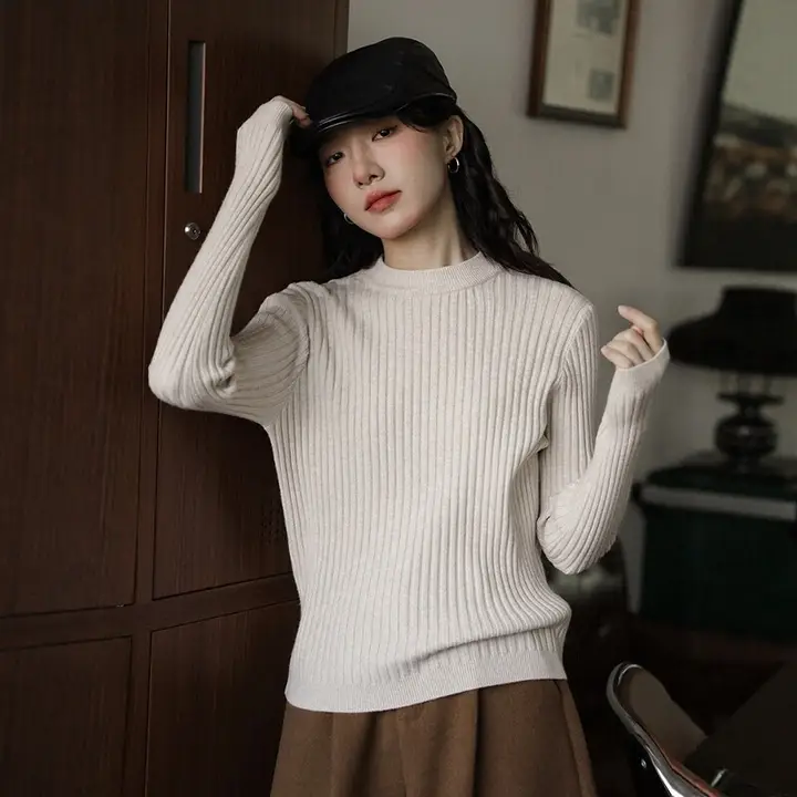 花杏色のレトロなラウンドネック長袖ニットセーター【秋冬用・スリムフィット】
