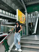 CCSMINI ハイウエストデニムパンツ【ゆったりワイドレッグ・ダメージデザイン・ストレート】