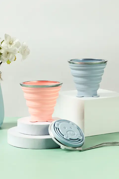 携帯用 折りたたみ水筒【子供用・シリコン製・洗口・収納ラック付き】