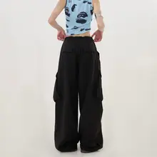 カーゴパンツ ワイドジョガー ユニセックス ドローコード 薄手 大型ポケット ブラック アメカジ ストリート ダンスウェア 「Remedie」
