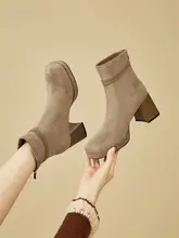 冬用ヒールブーツ【加絨・スリムデザイン・スクエアトゥ・太ヒール】