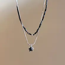 ブラックレザー製 星形ネックレス【ダブルレイヤー・鎖骨ネックレス】