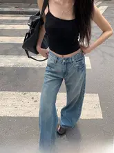 夏用 水洗いブルー広幅デニムパンツ【高腰・ゆったりしたストレート・垂感デザイン】