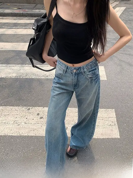 夏用 水洗いブルー広幅デニムパンツ【高腰・ゆったりしたストレート・垂感デザイン】