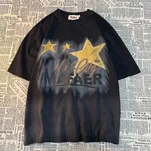 アメリカンヴィンテージ星柄プリント染め分け半袖Tシャツ【ユニセックス・ルーズフィット・ウォッシュ加工】